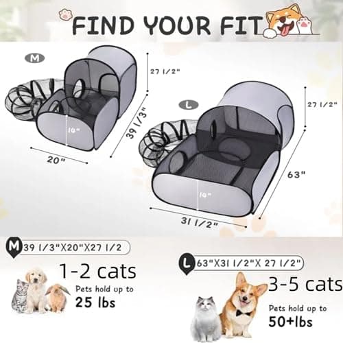 Tailtastic Pet Playpen with Surround Tunnel, Outdoor/Indoor Cat Playpen with Breathable Soft Sides，Tailtastic Cat Enclosure Tent for Small Animals, Portable Tent with Carry Bag (Medium)