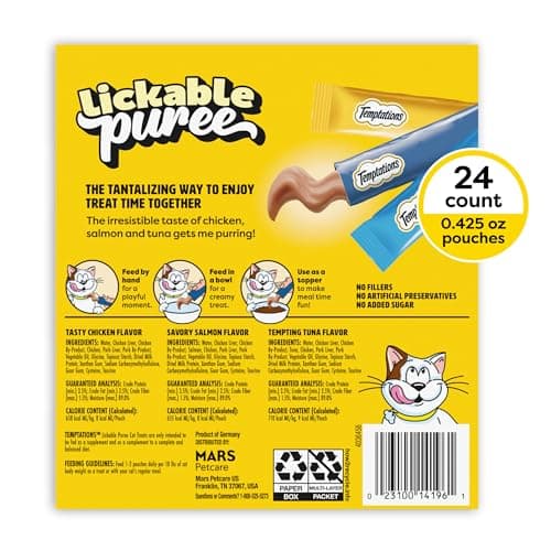 Temptations Creamy Puree Squeezable Lickable Cat Treats, Wet Cat Treats with Chicken, Salmon, and Tuna Variety Pack, 0.42 oz. Tubes, 24 Count