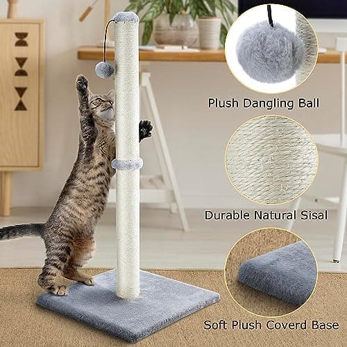 Dimaka 29" Height Tall Cat Scratching Post, Claw Scratcher with Sisal Rope and Covered with Soft Smooth Plush, Vertical Scratch [Full Strectch] for Standard Size Cats(Grey, 29 inches for All Cats)