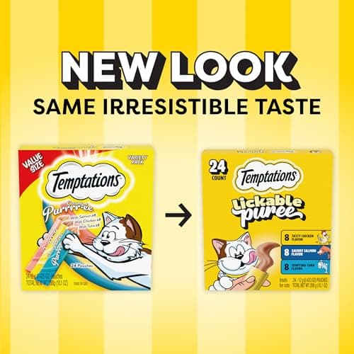 Temptations Creamy Puree Squeezable Lickable Cat Treats, Wet Cat Treats with Chicken, Salmon, and Tuna Variety Pack, 0.42 oz. Tubes, 24 Count