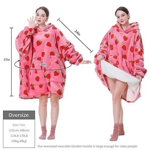 Aemicion Strawberry Blanket Hoodie,Oversized Sherpa Wearable Hooded Blanket,Warm Cozy Sweatshirt Gifts for Women Girls Adult