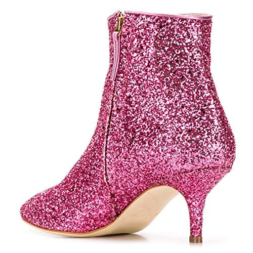 XYD Women Chic Low Kitten Heel Ankle Boots Pointed Closed Toe Side Zipper Prom Glitter Party Fashion Short Bootie Shoes Size 8.5 Hot Pink