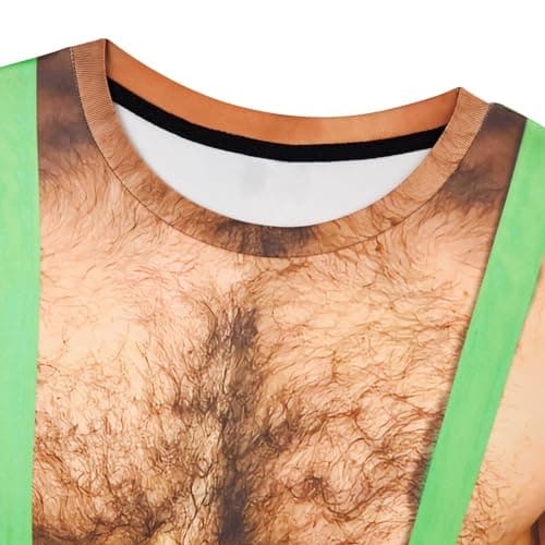 RAISEVERN Mens Muscle T-Shirt Fake Hairy Chest Funny Short Sleeve 3D Graphic Design Family Shirts Casual Cool Festival Crazy T Shirt Top Tees