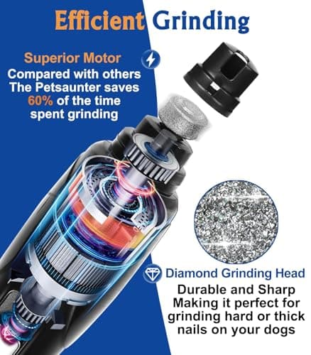 Petsaunter Dog Nail Grinder, 2-Speed and LED Light, Touch-Switch, TypeC, Quiet and Low-Vibration Dog Nail Trimmers, and 3 Ports for Large Dogs, Medium, Small Dogs Cats Pets with Hard or Thick Nail