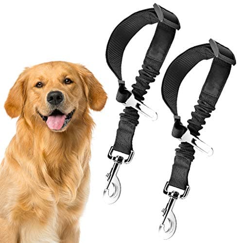 SunGrow Elastic Nylon Dog Seat Belt, 24” - 36”, Adjustable Black Harness, Elastic Tether with Metal Buckles, 2 Pcs per Pack