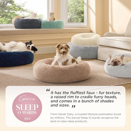 Bedsure Calming Cat Beds for Indoor Cats - Small Cat Bed Washable 20 inches, Anti-Slip Round Fluffy Plush Faux Fur Pet Bed, Fits up to 15 lbs Pets, Camel