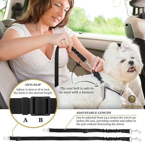 SunGrow Elastic Nylon Dog Seat Belt, 24” - 36”, Adjustable Black Harness, Elastic Tether with Metal Buckles, 2 Pcs per Pack