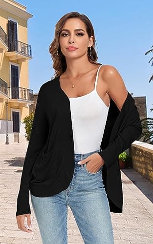 TownCat Women’s Lightweight Cardigan with Pockets Long Sleeve Open Front Cardigan for Women (Black,L)