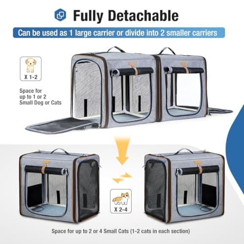 Lekereise Large Cat Carrier for 2 Cats, 2-in-1 Cat Travel Carrier with Litter Box, (17.7" x2) x16.5"x13" Pet Carrier with Zipper Locks for Moving Across The Country (No Hammock) - Grey
