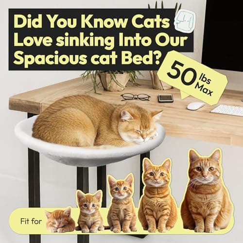 POMESEA Adjustable Cat Desk Bed, Sunken Design Cat Hammock, Supports Up to 50 lbs, Sturdy Metal Frame with Secure Clamp, Removable Faux Rabbit Plush Cover, Perfect for Home or Gaming Desk (White, XL)