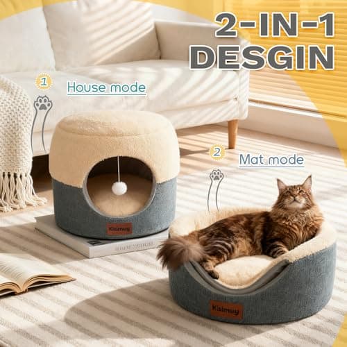 KISIMUY 2-in-1 Cat Cave Bed & Lounger with Reversible Plush Cushion, Cat Bed for Indoor Cats, Foldable Anti-Slip Cat House - Calming Cozy Hideaway for Kitten &Small Cats with Anxiety Relief, 15.7in