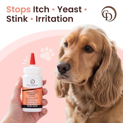 COAT DEFENSE Daily Preventative Powder | Made in USA | 4.2oz Precision Point Waterless Dog Shampoo & Pet Deodorizer for Smelly Dogs | Provides Anti Itch Relief | Dog Shampoo for Dry Itchy Skin