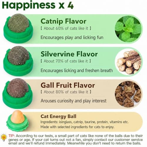 Potaroma Catnip Toys Balls 4 Pcs, Extra Cat Energy Ball, Edible Kitten Silvervine Toys for Cats Lick, Healthy Kitty Teeth Cleaning Dental Chew Toys, Cat Wall Treats (Green)