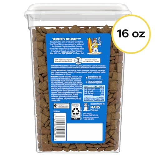 Temptations Cat Treats MixUps Surfer's Delight, Tuna, Shrimp, Salmon Flavor, Crunchy and Soft Cat Treats, 16 oz. Tub