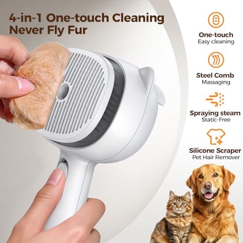 Self Cleaning Shedding Steam Cat Brush, Silicone Scraper Included Dog Brush, primecat, Cat Brushes for Shedding, USB Rechargeable, for Grooming & Haired Pets, Dogs & Cats, White