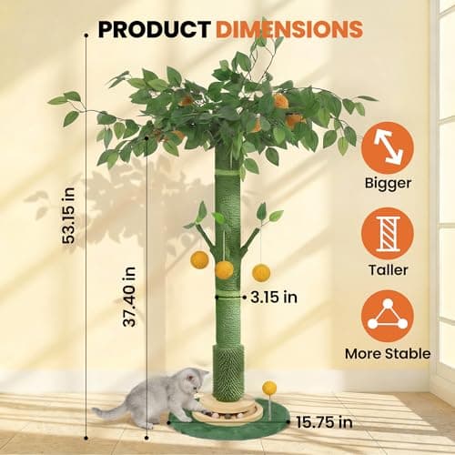 BOLIAN 53" Extra Tall Cat Scratching Post for Large Cats, Heavy Duty Vertical Scratcher with Natural Sisal Rope, Stable Climbing Pole with Hanging Ball for Full Body Stretching