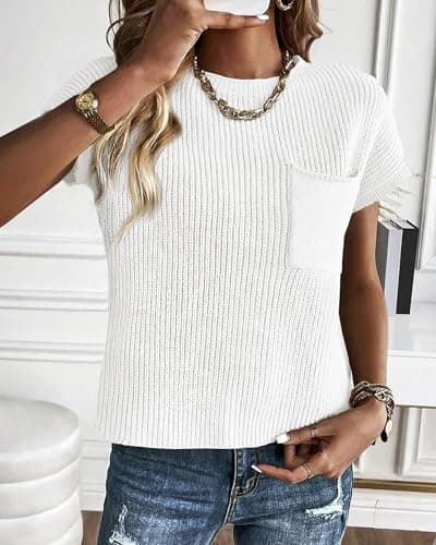 KIRUNDO Spring Summer Short Sleeve Sweater for Women 2026 Casual Sweater Vest Cotton Knit Pullover Tank Tops Fashion Clothing(White, Medium)