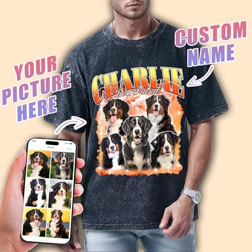Tehg & Tuhg Custom T Shirts for Men with Dog Faces on Them, Vintage Personalized Bootleg Rap Tees with Pet's Name & Text for Girlfriend, Boyfriend Gifts on Birthday Anniversary