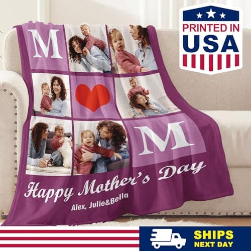 Yoke Style Ships Next Day, Mothers Day Blanket Gifts for Mom Custom Blanket with Photo Text, Customized Picture Blankets Personalized Flannel Throw Blanket for Women Wife Girlfriend