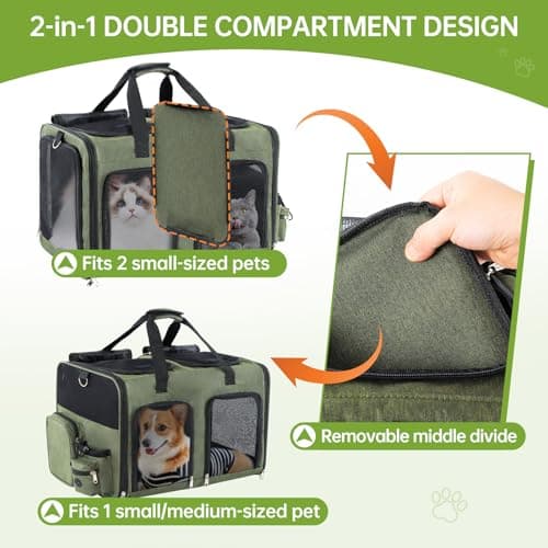 TOYSBOOM Cat Carrier for 2 Cats - Double Pet Carrier Extra Large, Dual Cabin Multi Cat Travel Carrier with Removable Divider, Collapsible, Can Hold 20 30 40 lbs for Two Small Kitten, Medium Dog Green