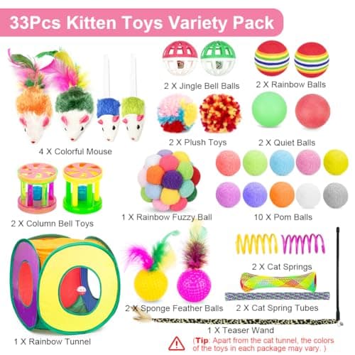 Retro Shaw Cat Toys Pack 33Pcs, Interactive Kitten Toys for Indoor Kittens Cats, Collapsible Kitty Play Tunnel Tent Feather Wand Balls Bell Springs Mouse Kitty Toys for All Breeds 15.7 Inches