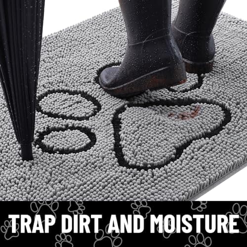 Smiry Dog Door Mat for Muddy Paws, Absorbent Dirt Trapper Non Slip Quick Dry Washable Chenille Mat for Mud Dogs, Entry Rug for Indoor and Outdoor (30x20 Inches, Grey and Black)