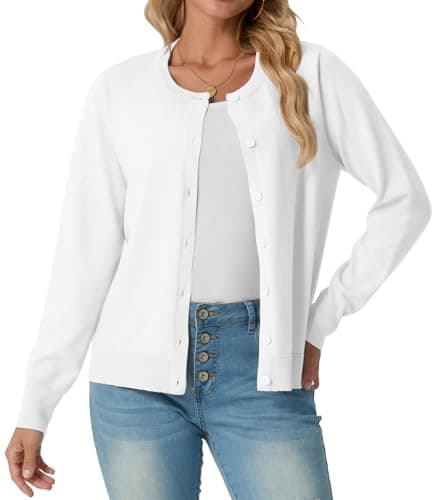GRECERELLE Cardigan Sweaters for Women Lightweight Long Sleeve Crew Neck Button Up Soft Ribbed Knit Cardigans 2026 Spring Outfits White 3XL