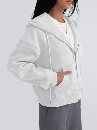 Trendy Queen Zip Up Hoodies For Women Oversized Sweatshirts Fall Fashion Outfits 2026 Cropped Pullover Sweaters Y2k Fleece Jackets Comfy Gym Tops Teen Girls Clothes Grey S