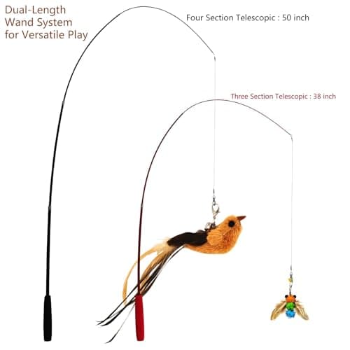 miwoowim Interactive Cat Wand Toy Set – 2 Retractable Wands (37" & 49") with 11 Refills Attachments – Feather Toys, Plush Bird, Worms, Insect & Swallow – Cat Teaser Toys for Indoor Cats & Kittens