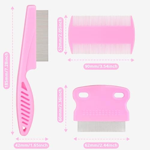 Flea Comb for Dogs and Cats - Lice Comb with Rubber Handle - Promotes Hair Growth and Removes Loose Hair, Knots, and Flakes Flea Brush for Pets(3P,PINK)
