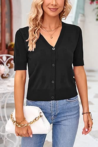 Arach&Cloz Womens Cardigans Spring Summer 2026 Cropped Lightweight Short Sleeve Sweater Bolero Shrugs Tops Casual Dressy Trendy Plus Size Outfits Vacation Cloth Black
