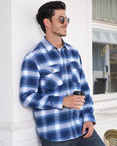 EKLENTSON Men's Flannel Plaid Shirts Cotton Button Down Shirt Casual Long Sleeve Work Fall Shirts Outwear Blue White L