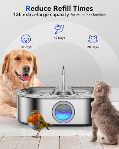 3.4Gal Dog Water Fountain for Large Dogs, 13L Stainless Steel Large Pet Fountain with Deeper & Wider Drinking Area, Automatic Dog Water Bowl Dispenser with Water Window