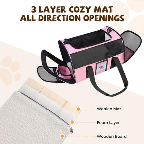Soft Cat Carrier for Pets Up to 15 lbs, TSA Approved for Airline in-Cabin, Cat Travel Bag with Detachable Cat Food Bowl, Pet Carriers for Small Dogs, Waterproof Travel Puppy Carry, Pink