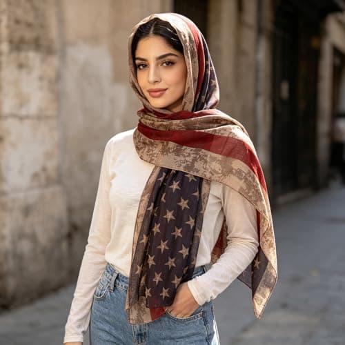 E-Clover Scarfs for Women American Flag Scarf Vintage Patriotic Scarves Shawl for Fall Winter Retro Accessories 4th of July Gifts Red Khaki Blue