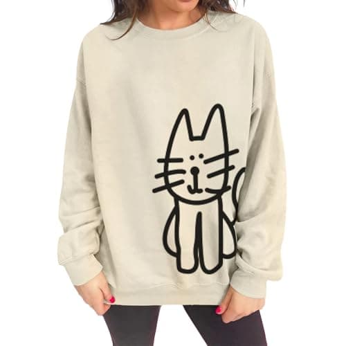 Lytiarul Cat Sweatshirts for Women Graphic Oversized Sweatshirt Funny Long Sleeve Shirt Cute Pullover Fleece Hoodie Tops(Light Apricot,M)