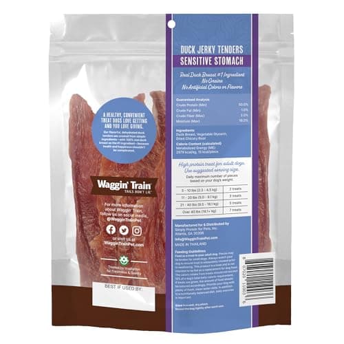 Waggin' Train Duck Jerky Dog Treats for Dogs with Sensitive Stomachs, Made with 100% Real Duck Breasts, Three All-Natural Ingredients, High Protein Dog Treat, Easily Digestible for Dogs, 12 oz. Pouch