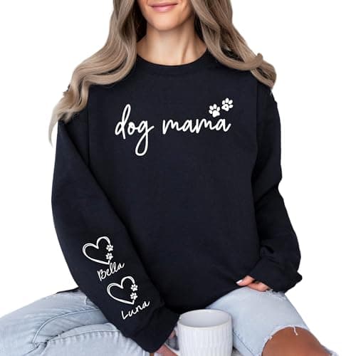 Custom Dog Mom Sweatshirt with Pet Name & Heart on Sleeve, Personalized Dog Mama Hoodie or Crewneck, Cute Women’s Sweatshirt for Pet Lovers
