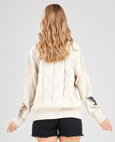 Women's Cable Knit Long Sleeve Open Front Cardigan Sheep V-Neck Button Down Embroidery Wool Blend Sweater Coat Outwear (XL,Beige)