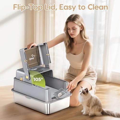 L7 Ultra-Stainless Steel Litter Box with Smart Odor Control System, XXL Extra Large Enclosed Metal Cat Litter Box with Lid for Kitty&Big Cats, High Sided Enclosure with Scoop & Mat, Anti-Leakage-Grey