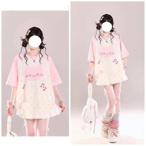 Y2K Cutecore Kawaii Teen Shirt Coquette Harajuku Oversize Japan Cat Print Cute Tshirt Top Clothes (Small,Pink)