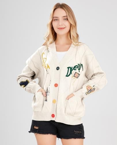 Women's Cable Knit Long Sleeve Open Front Cardigan Sheep V-Neck Button Down Embroidery Wool Blend Sweater Coat Outwear (XL,Beige)