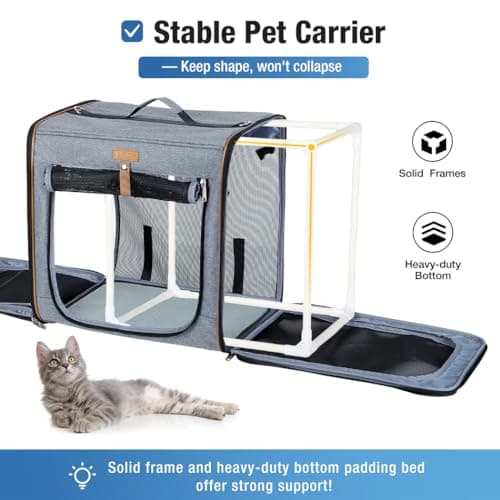 Lekereise Large Cat Carrier for 2 Cats, 2-in-1 Cat Travel Carrier with Litter Box, (17.7" x2) x16.5"x13" Pet Carrier with Zipper Locks for Moving Across The Country (No Hammock) - Grey