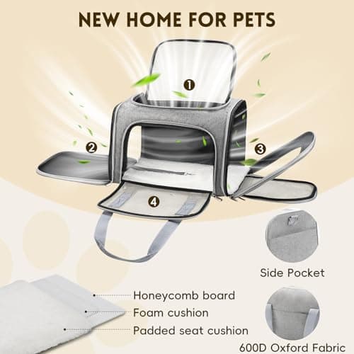 Zedkeys Cat Carrier Soft, Dog Carriers for Small Dogs/Large Cats (Up to 16lbs), with High Breathability, Shoulder Strap, Removable Pad, Pet Carrier Airline Approved, for Home Outdoor Travel (Gray)