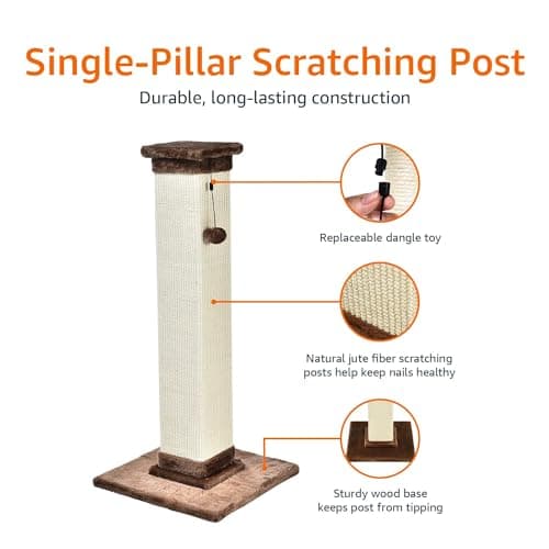Amazon Basics Sturdy Cat Scratching Post for Indoor Cats & Kittens, Classic Single Post with Sisal Rope, Jute Fiber, Wood Base, Large (35.4"H), Brown