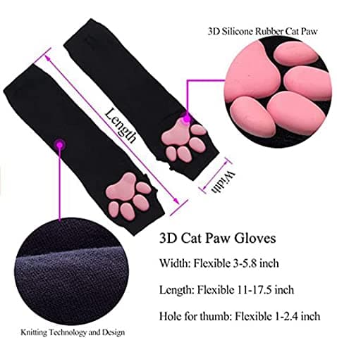 HOMEGYMFREE Cute Cat Paw Mittens Gloves, Kawaii Cat Cosplay Kawaii Soft 3D Toes Beans Fingerless Christmas Cat Claw Paws Pad Sleeve (Black Socks+Long Gloves)
