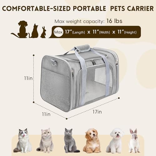Zedkeys Cat Carrier Soft, Dog Carriers for Small Dogs/Large Cats (Up to 16lbs), with High Breathability, Shoulder Strap, Removable Pad, Pet Carrier Airline Approved, for Home Outdoor Travel (Gray)