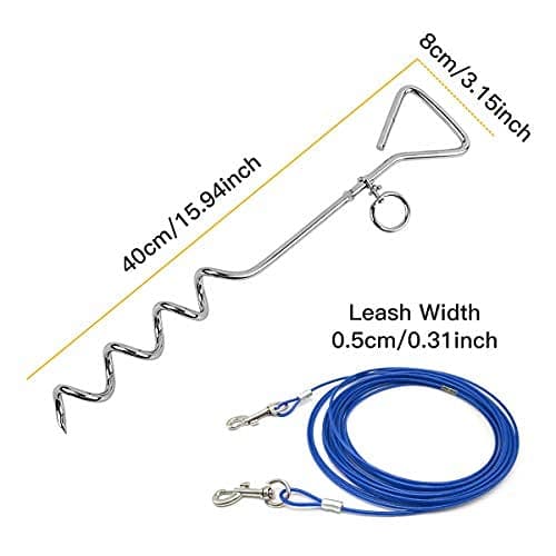 CLKHOWL Dog Stake Tie Out Cable - 16/30" Anti Rust Reflective Stake for Medium Large Dogs Up to 125 lbs, Dog Cable Runner and Metal Hooks for Yard, Camping, or Outdoors (Blue, 16FT)