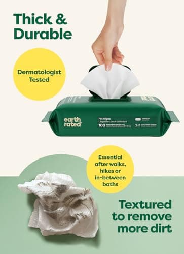 Earth Rated Pet Wipes for Dogs and Cats, Hypoallergenic, 3-in-1 Cleaning, Deodorizing and Hydrating, for Grooming Paws, Body and Butt, Unscented, 100 Count