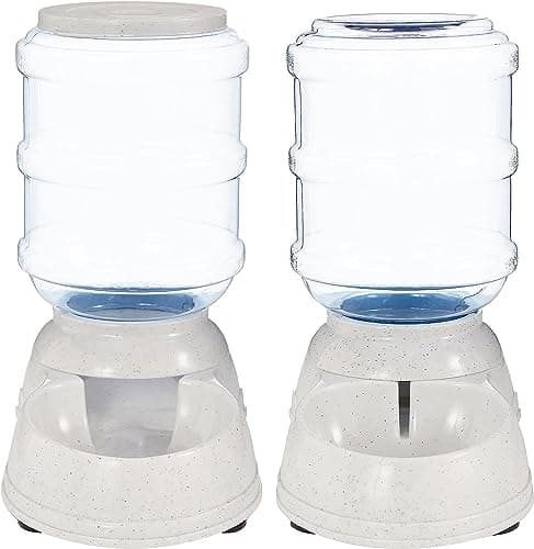Amazon Basics Automatic Pet Water Dispenser and Gravity Food Feeder Set for Cat and Dog, Easy to Clean, 6-Pound Food Capacity, 1-Gallon, Small, Gray, Pack of 2